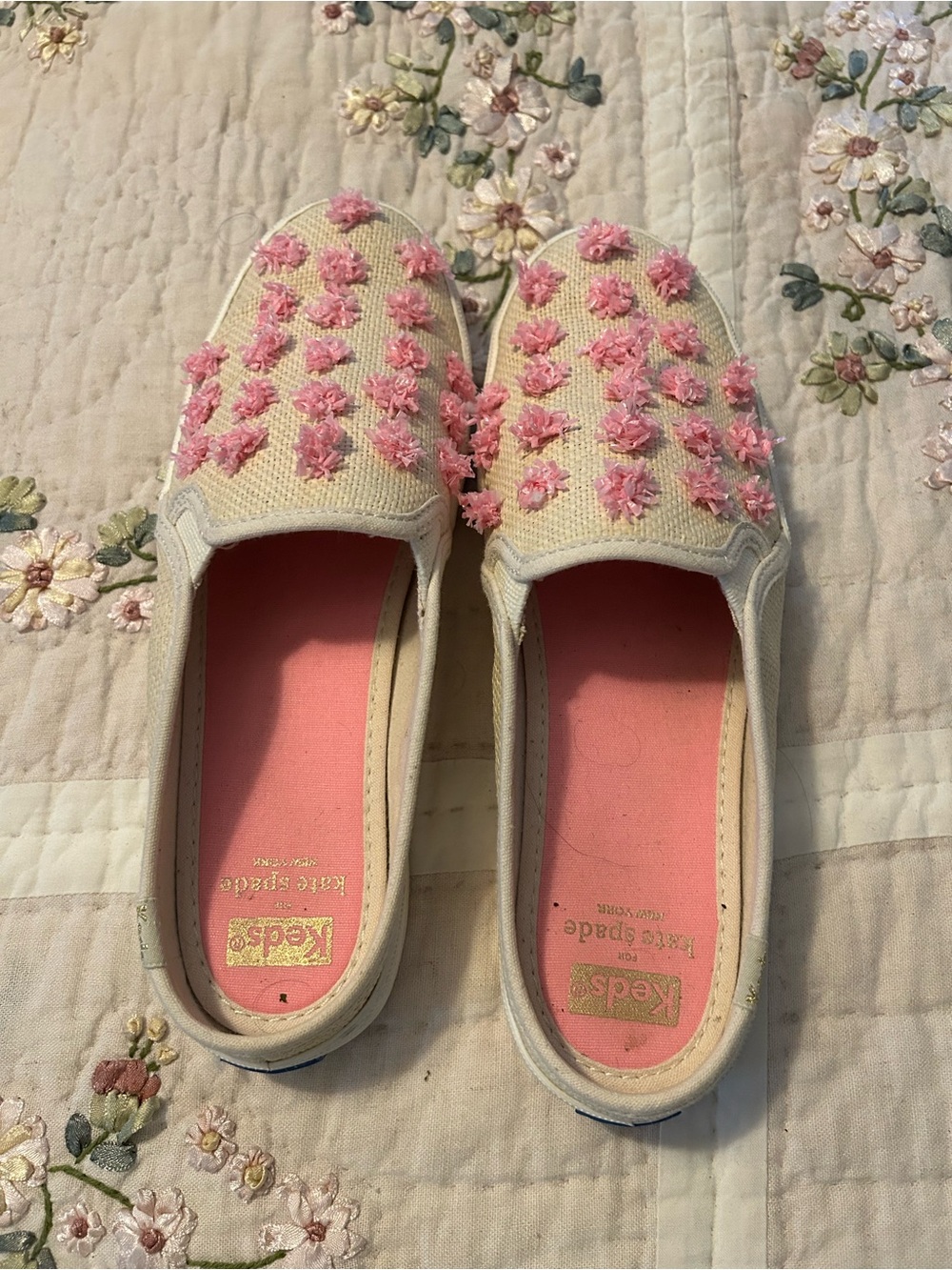 kate spade new york Cream Slip-On with Pink Floral Embellishments by Keds 7.5